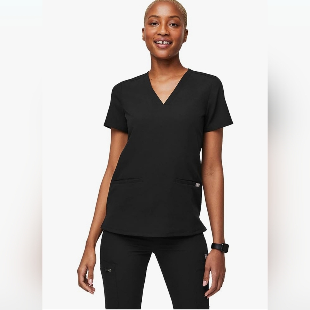 Figs Scrub Top Womens Small grey Yellow V-Neck Shirt Short Sleeve Medica… - Picture 4 of 9